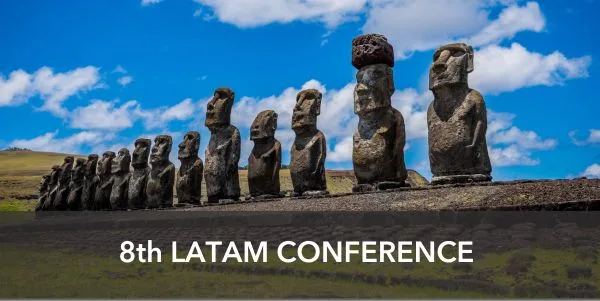 Banner: 8th LATAM conference, background with ancient statues of pascua island