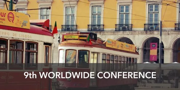 Banner: 9th Worldwide  conference, background with typical red railroads from lisbon