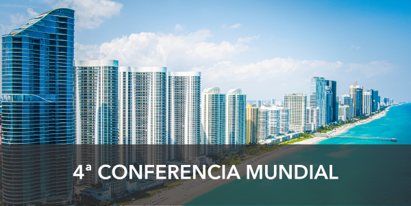 4th worldwide conference. Background is Miami Skyline with buildings and 